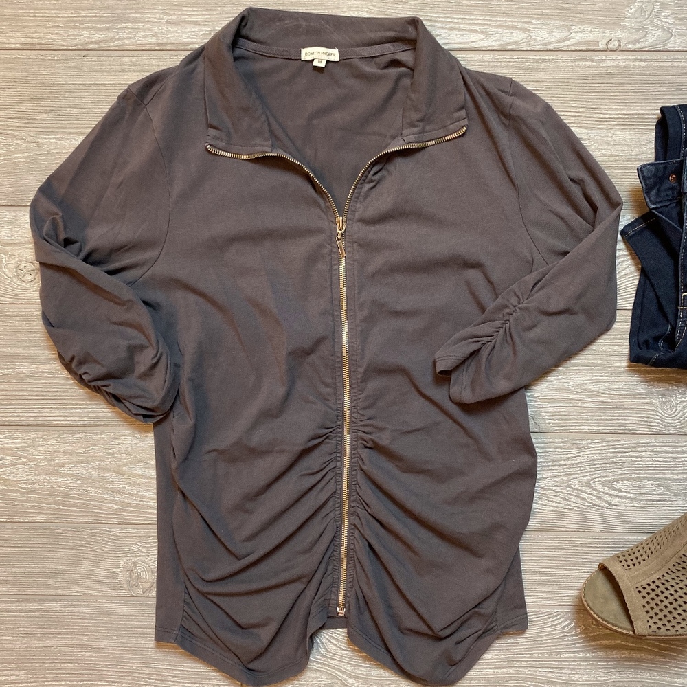 Boston Proper Charcoal Ruched Zip-Up Hoodie